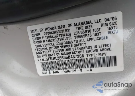 2006 Honda Odyssey Ex-L z USA, uszkodzony, nr VIN 5FNRL38696B437286